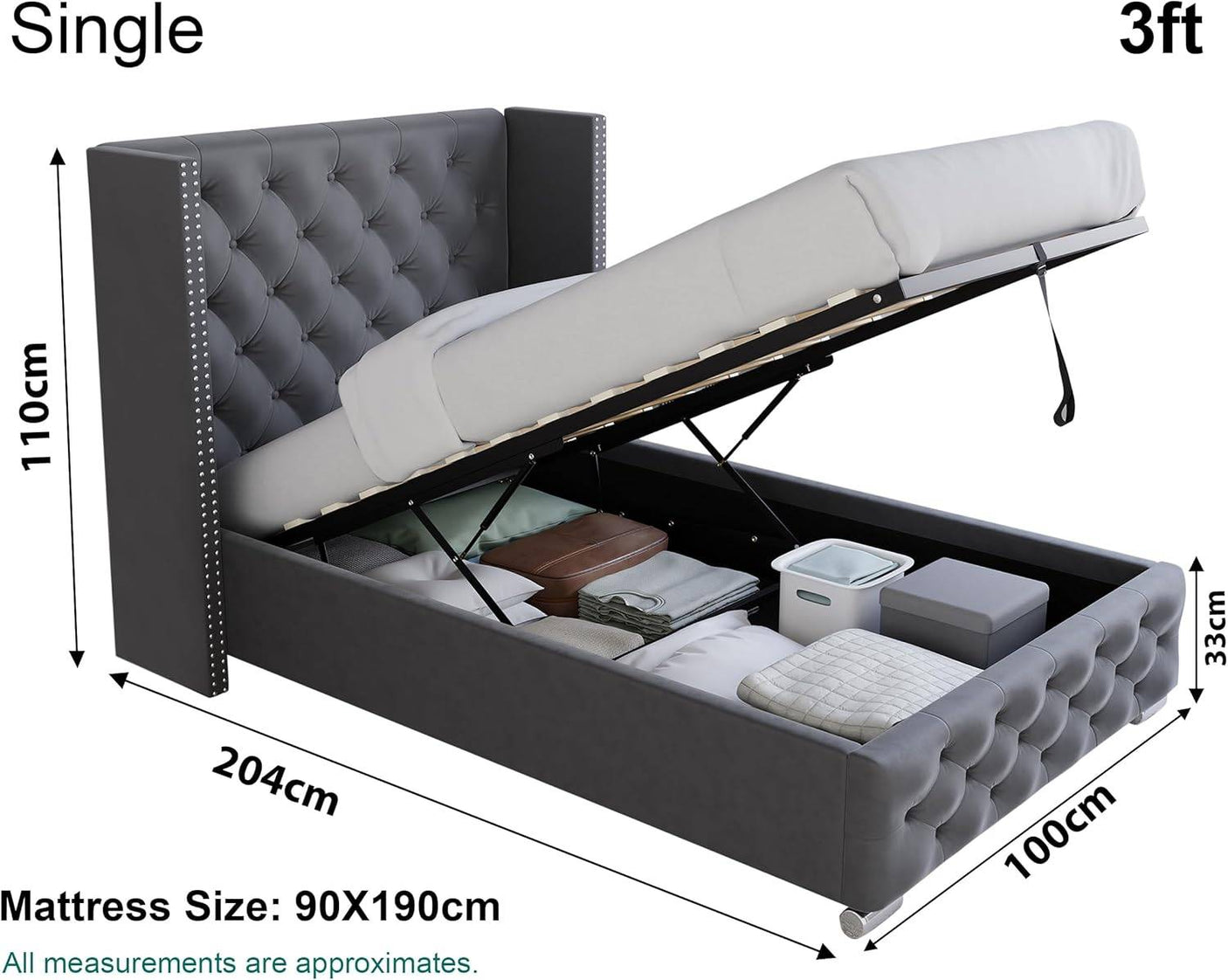 Single size bed in cm 110x204x100, perfect for small rooms or children's bedrooms
