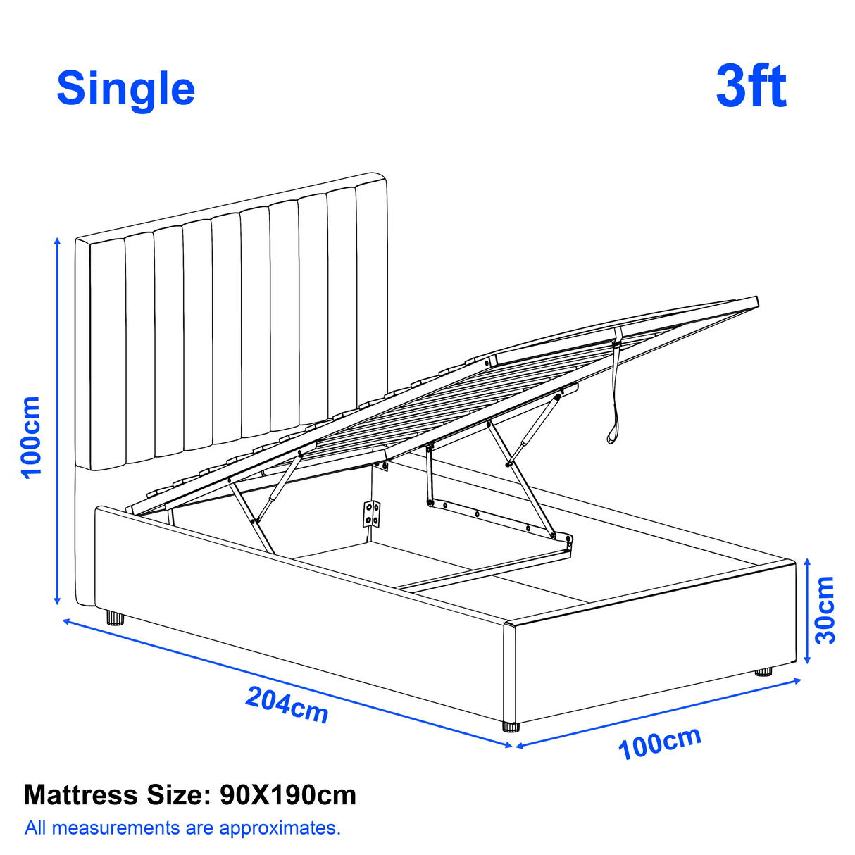 Diagram of a single bed with dimensions labeled