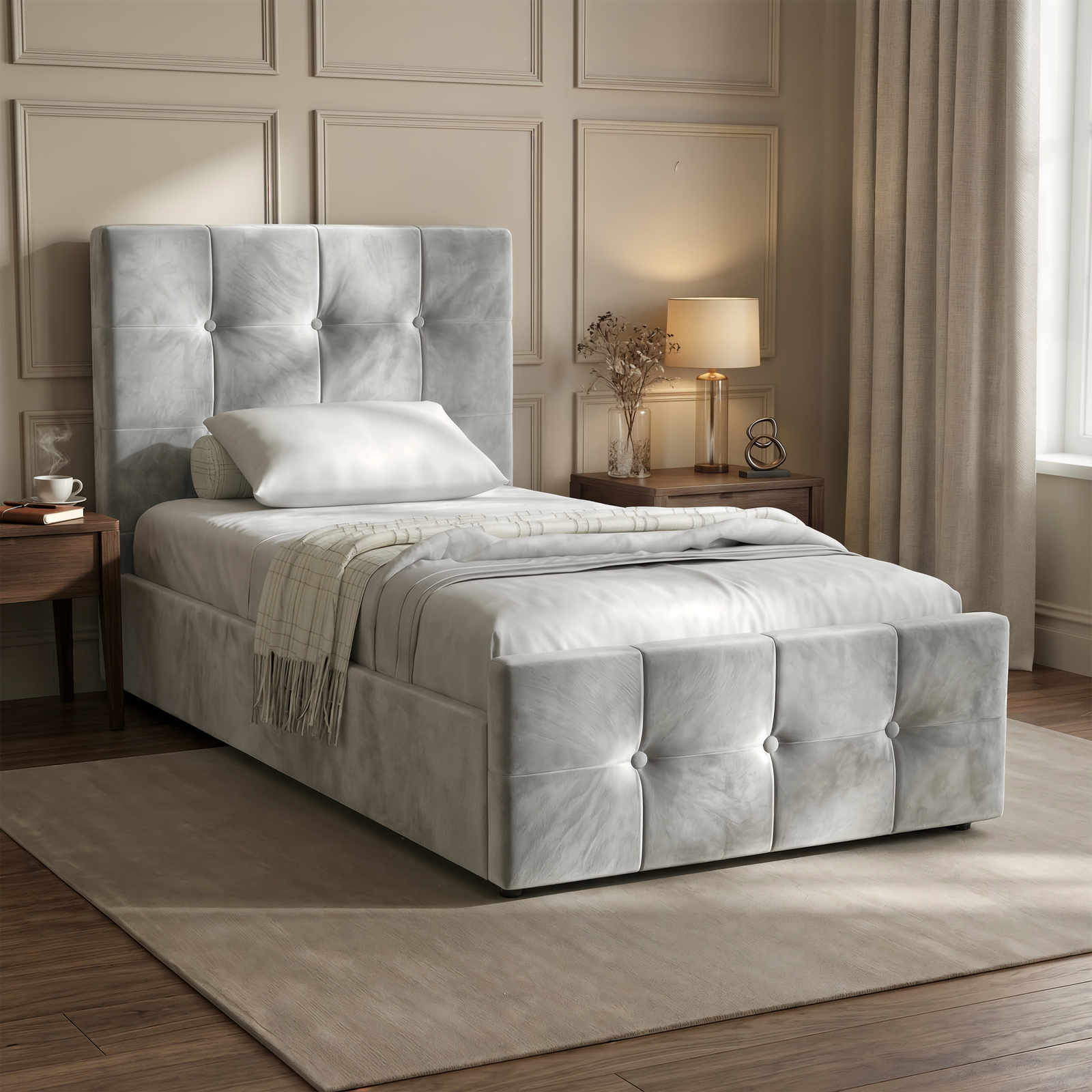[Single | Grey]  upholstered bed in a bedroom setting with white walls and bedroom decor