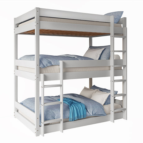 Single triple bunk bed with cushions, mattress, quilt, and stairs, offering comfort and style.