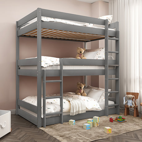 Dark grey triple bunk bed for kids with toys and cozy bedding, perfect for shared bedrooms and space efficiency.