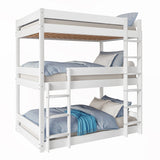 White wooden triple bunk bed with blue bedding, showcasing sturdy frame and compact vertical design for kids' bedrooms.
