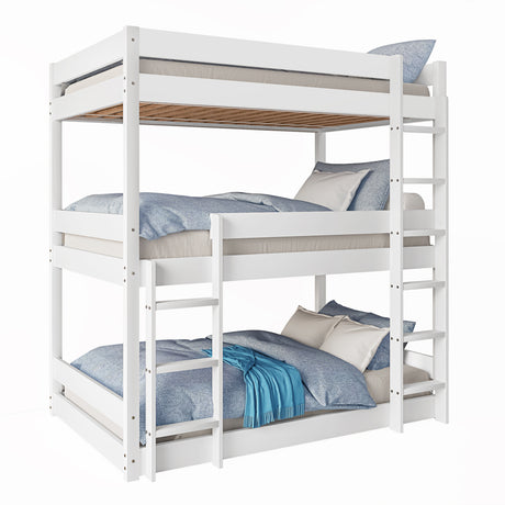 White wooden triple bunk bed with blue bedding, showcasing sturdy frame and compact vertical design for kids' bedrooms.