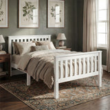 White single wooden bed frame with a slatted design, soft bedding, and decorative pillows in a cozy bedroom setting