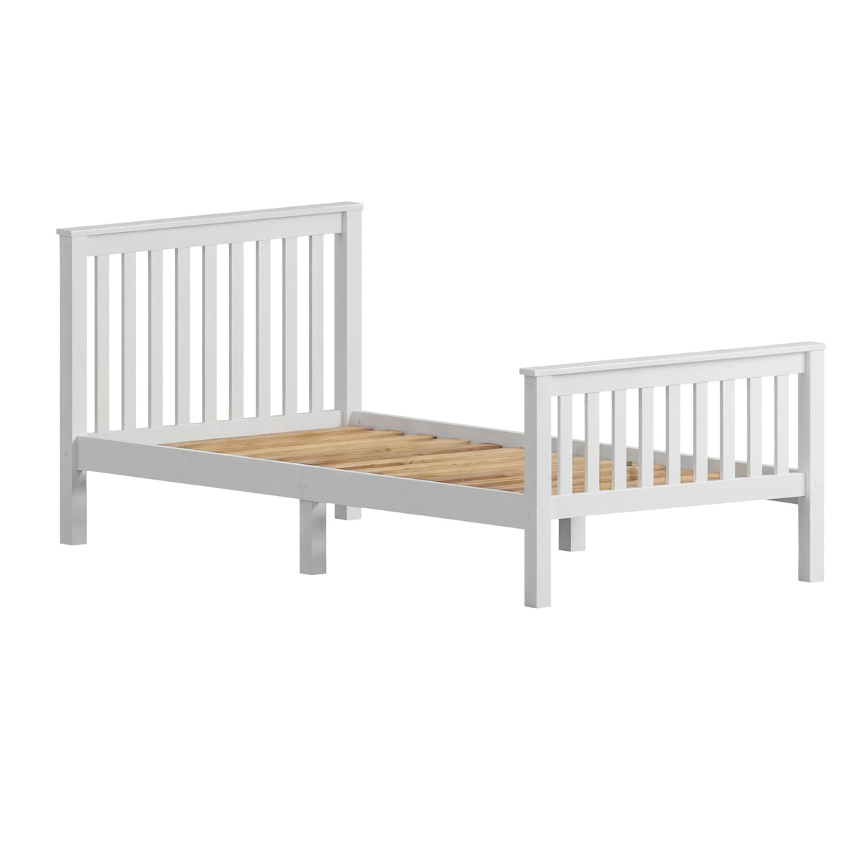 Single white wooden bed frame with underbed storage, slatted design, and wooden slats for mattress support