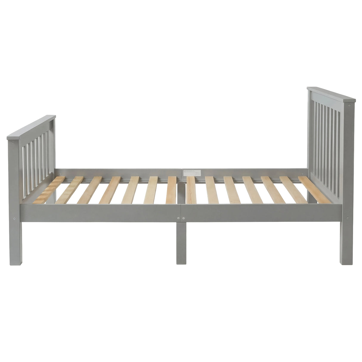 Stylish grey wooden bed frame with slatted pattern and sturdy legs, perfect for a modern and functional bedroom setup