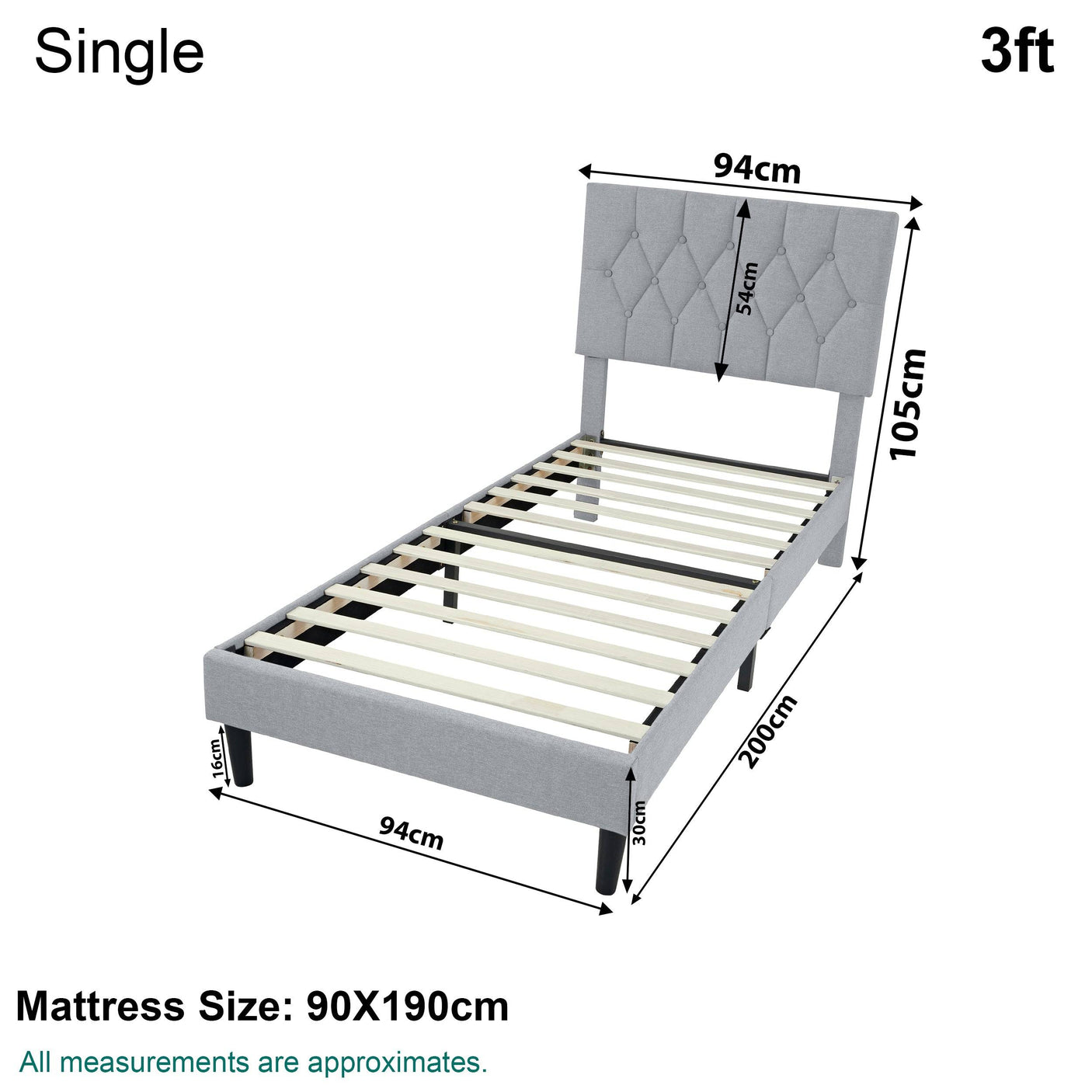 Single wooden beds frame 3ft with dimensions and mattress size 90x190cm.