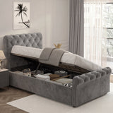 Side lift ottoman bed frame in dark grey velvet showing under-bed storage with bedding and boxes, perfect for maximizing bedroom space.