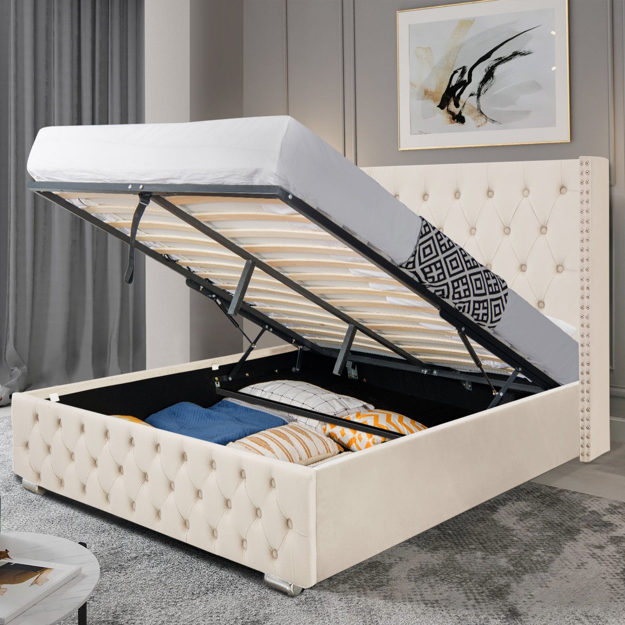 Blisswood Ottoman Bed with Storage & Headboard - Velvet Cross Design