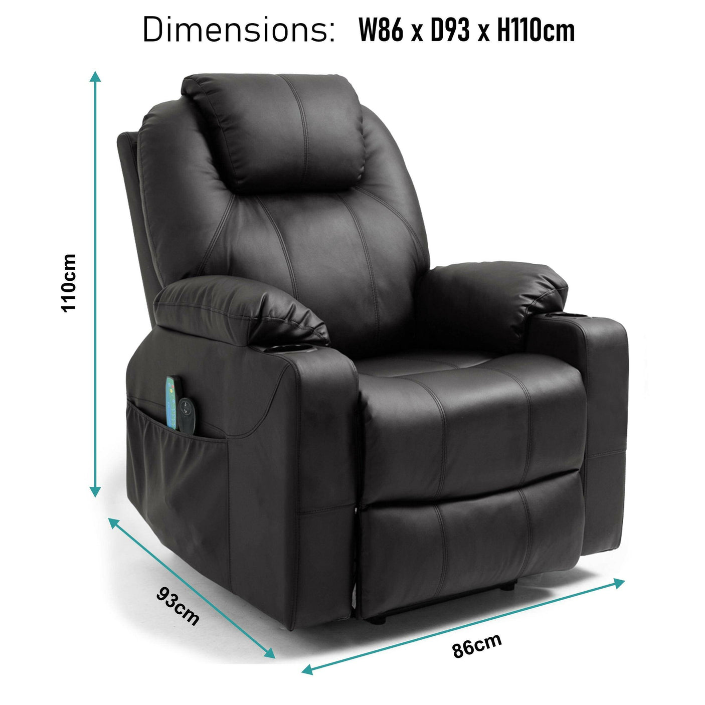 Dimensions of Electric Recliner Chair For Elderly in black: 86cm wide, 93cm deep, 110cm high, ideal for compact and comfortable seating.