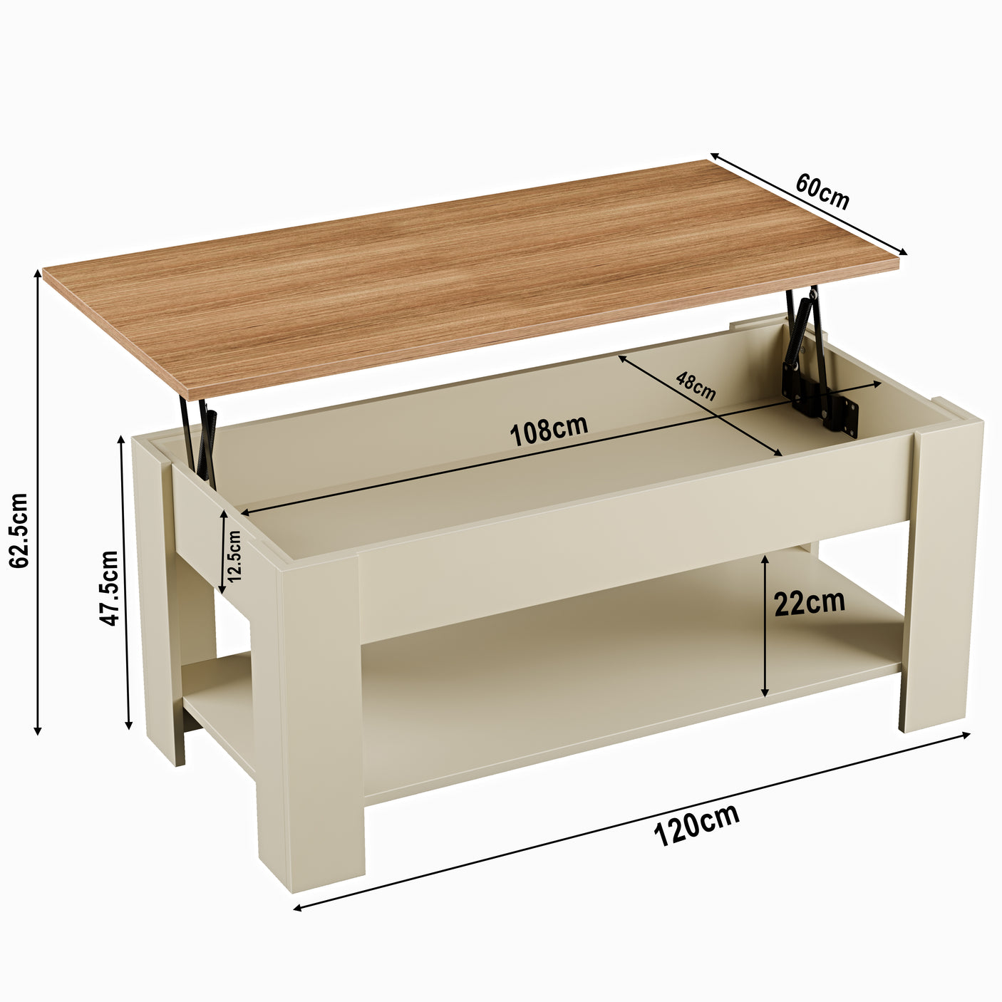 Coffee table size 120cm length, 60cm width, 45cm height, modern living room table.