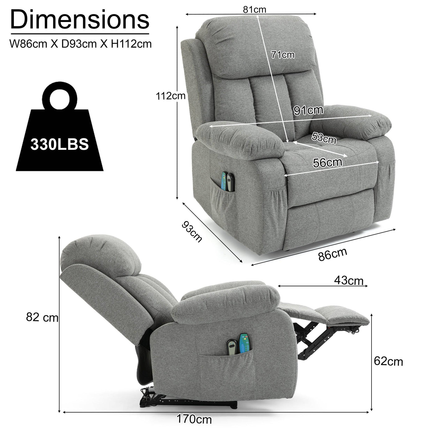 Dimensions of fabric recliner chair: 86cm W x 93cm D x 112cm H, supports up to 330lbs. Fully reclines to 170cm for maximum comfort.