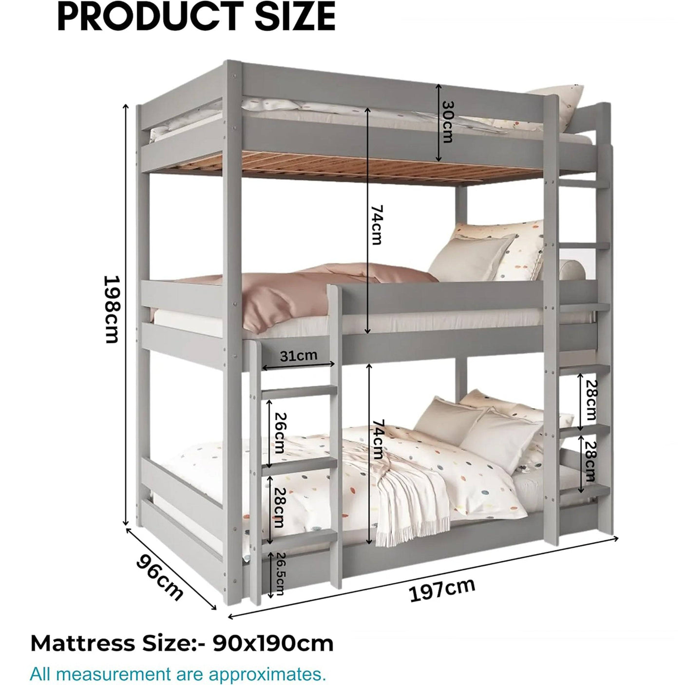 Product dimensions for grey triple bunk bed, including mattress size and ladder measurements for kids' rooms.