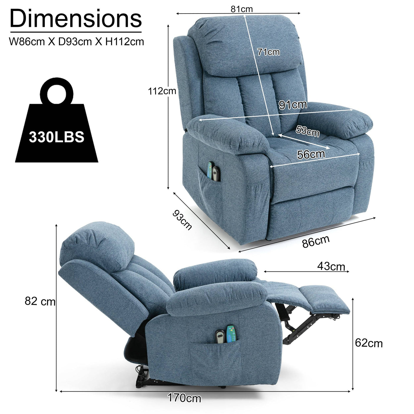 Dimensions of blue fabric recliner chair: 86cm W x 93cm D x 112cm H, reclines to 170cm. Supports up to 330lbs for full-body comfort.