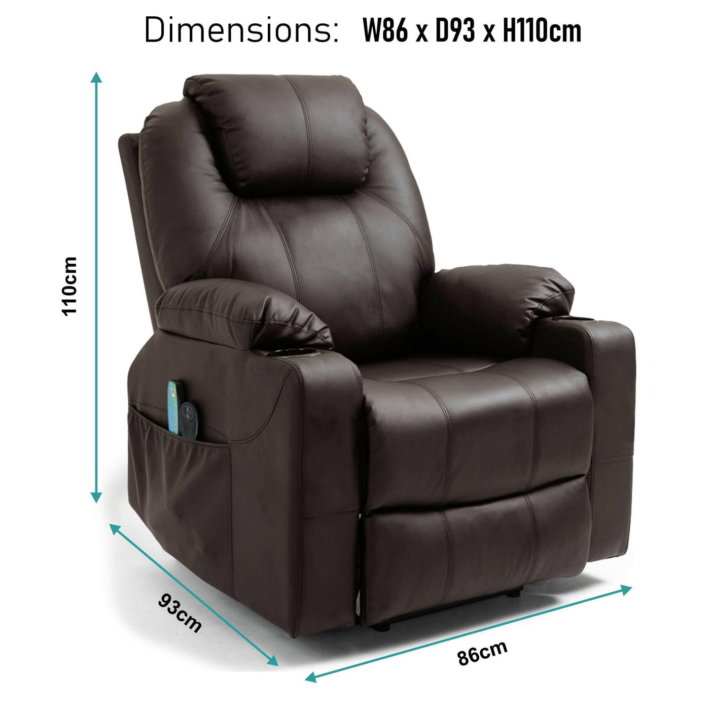 Dimensions of brown Electric Recliner Chair For Elderly: 86cm width, 93cm depth, 110cm height, perfect for compact senior seating.