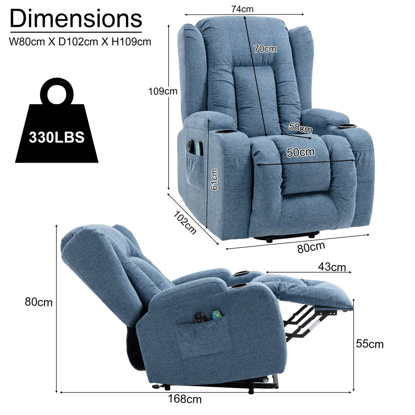 Dimensions of blue electric riser recliner chair with 330lbs capacity. Features ergonomic design and full recline for elderly comfort.