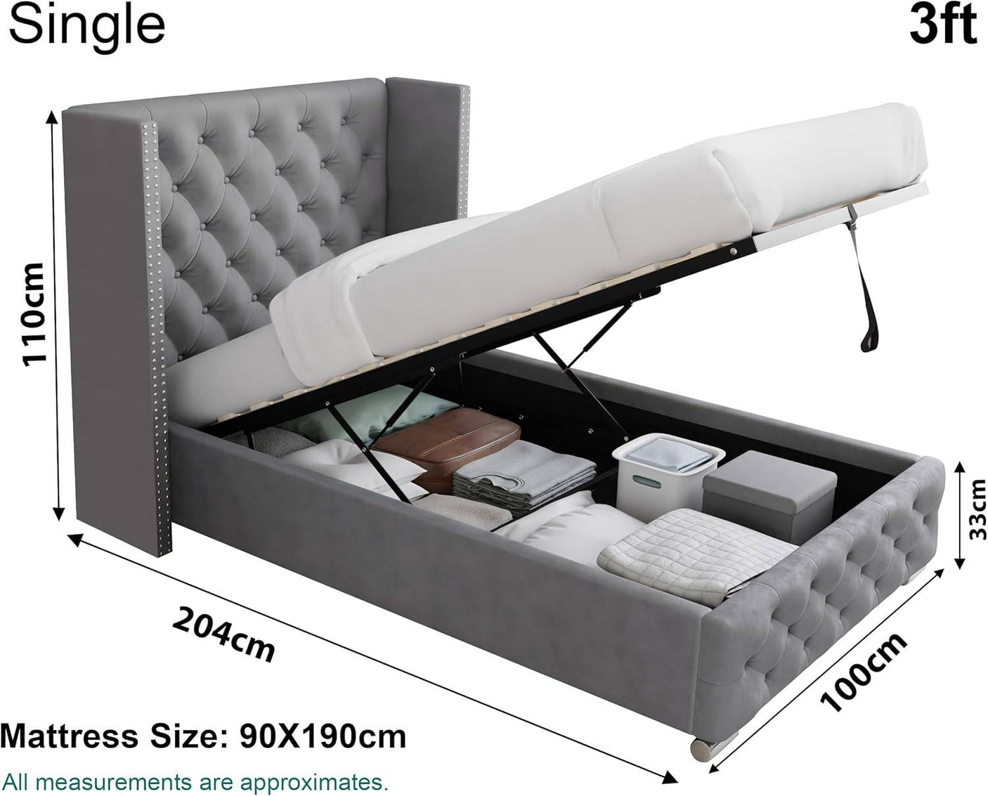 Size single bed 110x204x100 cm, ideal for small rooms or children's bedrooms