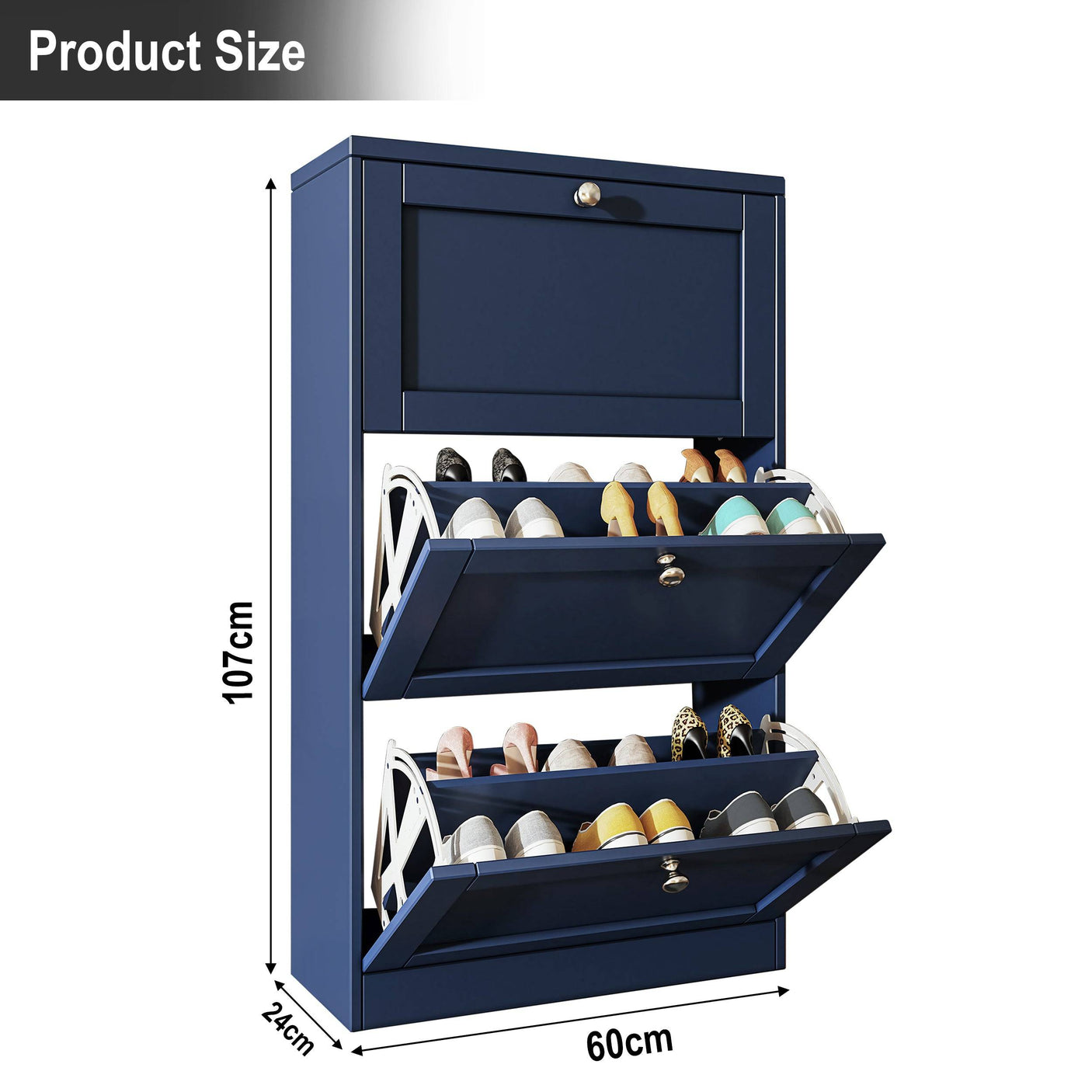 Navy Blisswood Shoe Cabinet With Doors dimensions: 107cm tall, 60cm wide, 24cm deep, ideal for compact spaces.