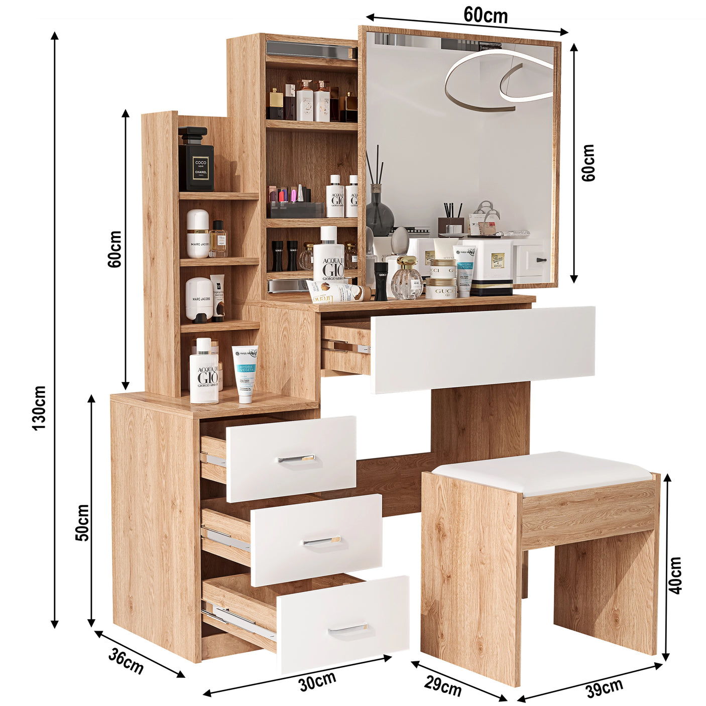 Dressing Table with Storage, Drawers and Mirror - Vanity Makeup Table