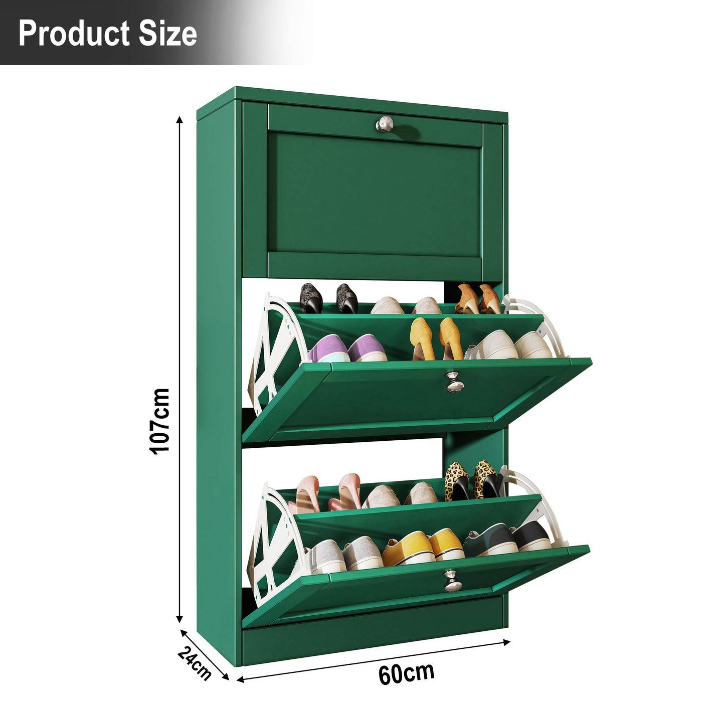 Green Blisswood Shoe Cabinet With Doors dimensions: 107cm height, 60cm width, 24cm depth for compact storage.