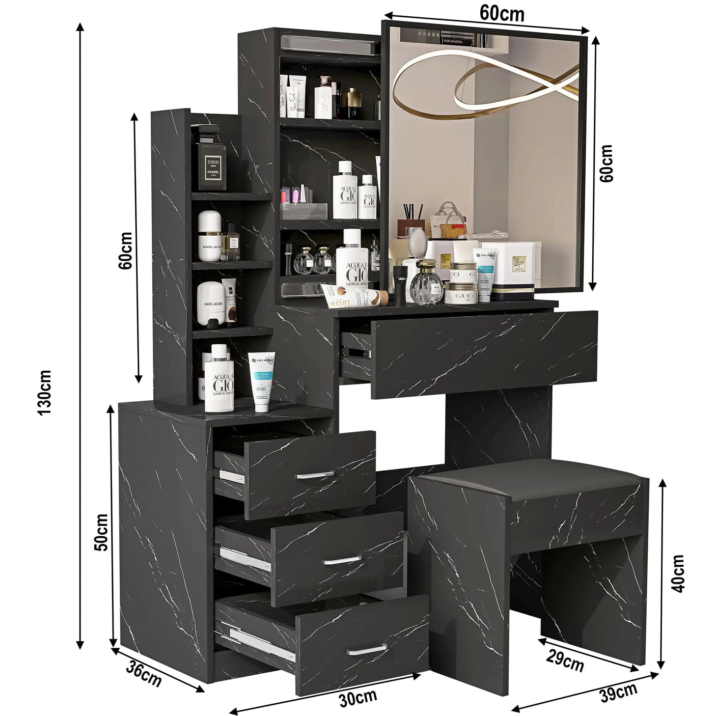 Black dressing table with mirror and labeled dimensions. Features drawers, shelves, and stool, ideal for compact bedroom makeup storage.
