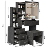 Black dressing table with mirror and labeled dimensions. Features drawers, shelves, and stool, ideal for compact bedroom makeup storage.