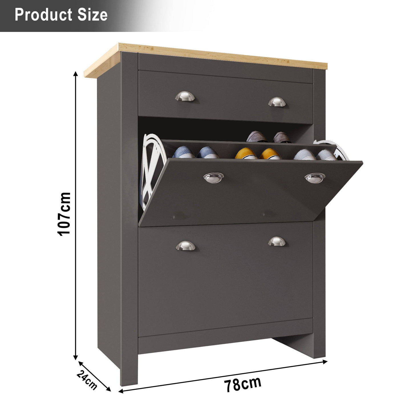 Product dimensions of Blisswood Entryway Shoe Cabinet in black: 107cm height, 78cm width, and 24cm depth.