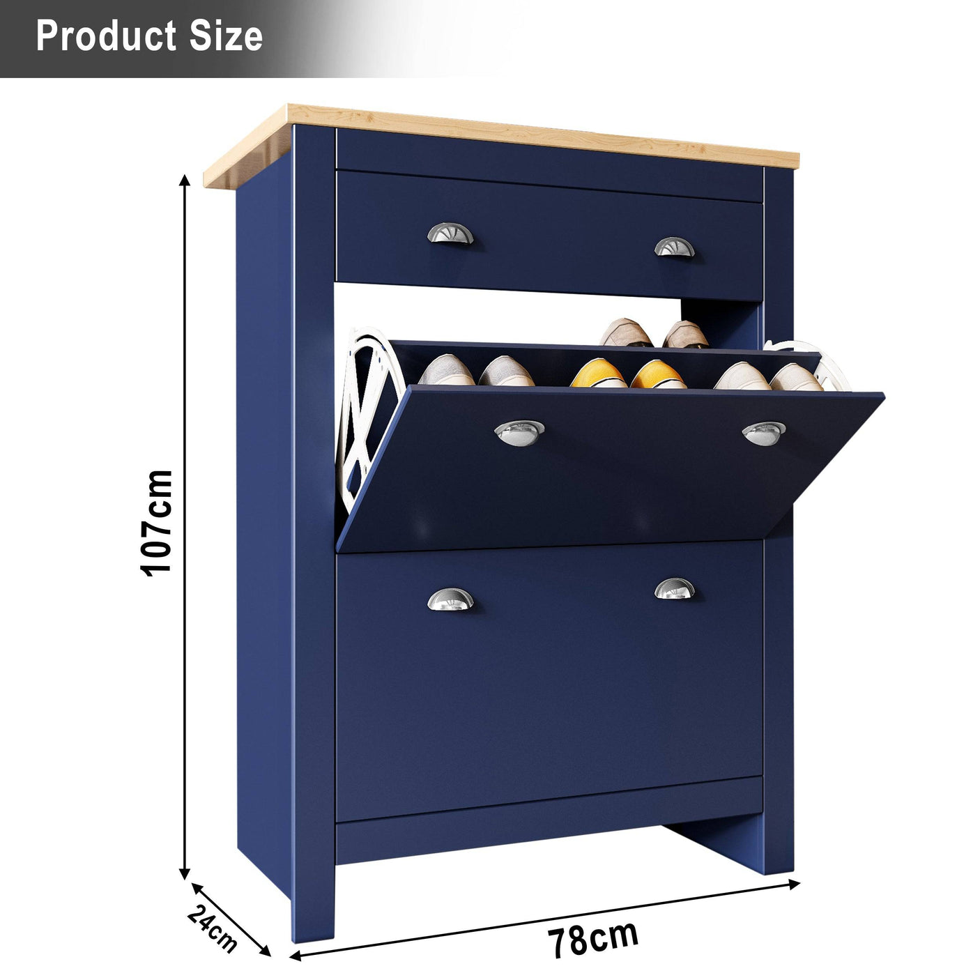 Product dimensions of Blisswood Entryway Shoe Cabinet in navy: 107cm height, 78cm width, and 24cm depth.