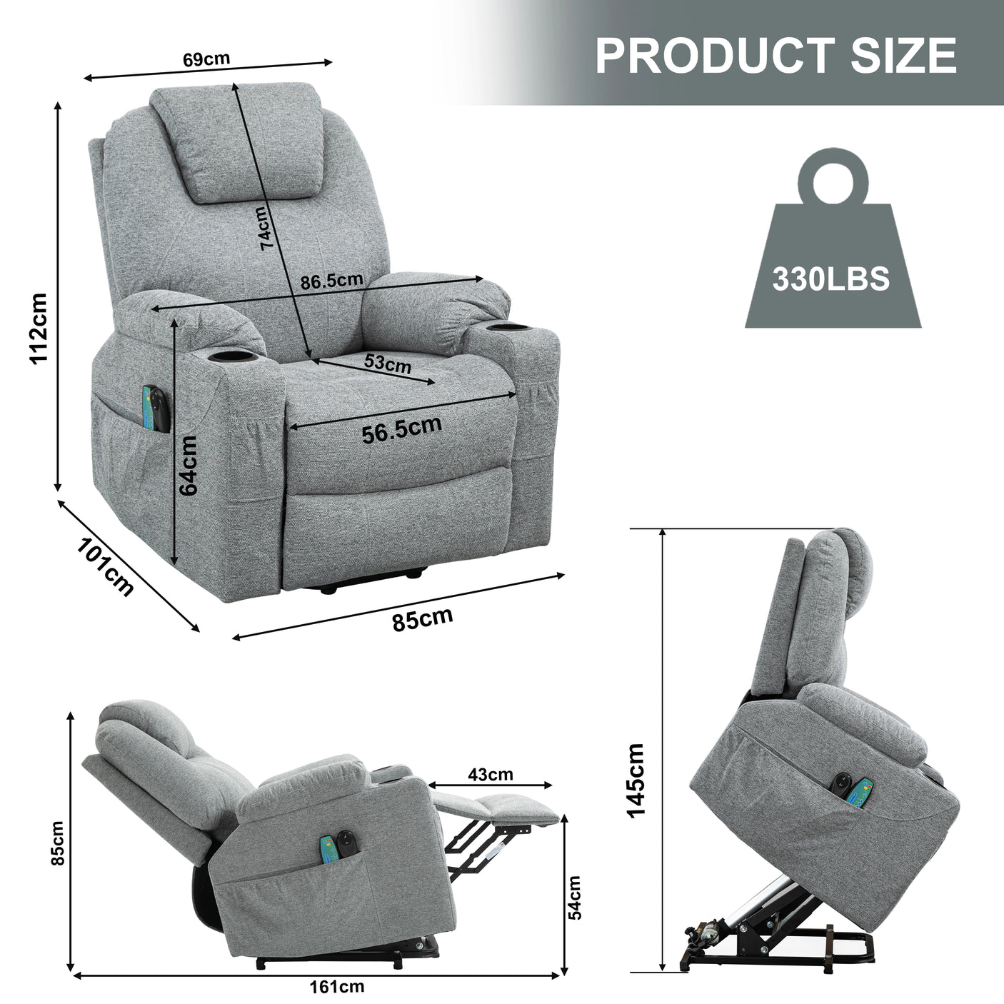Riser Recliner Chair With Cup Holder, Heat and Massage