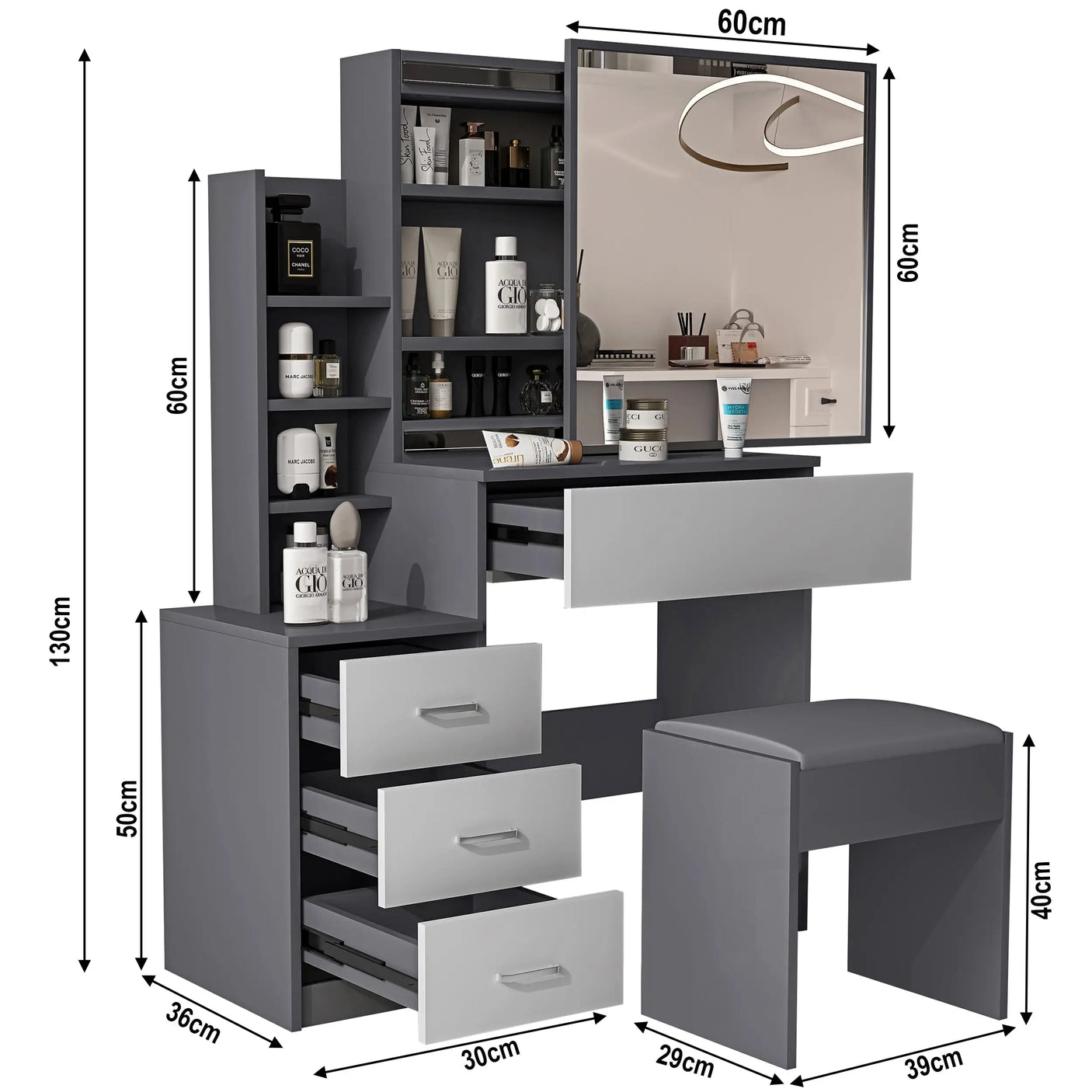 Grey dressing table with light grey drawers and labeled dimensions. Includes mirror, shelves, and stool for organized bedroom storage.