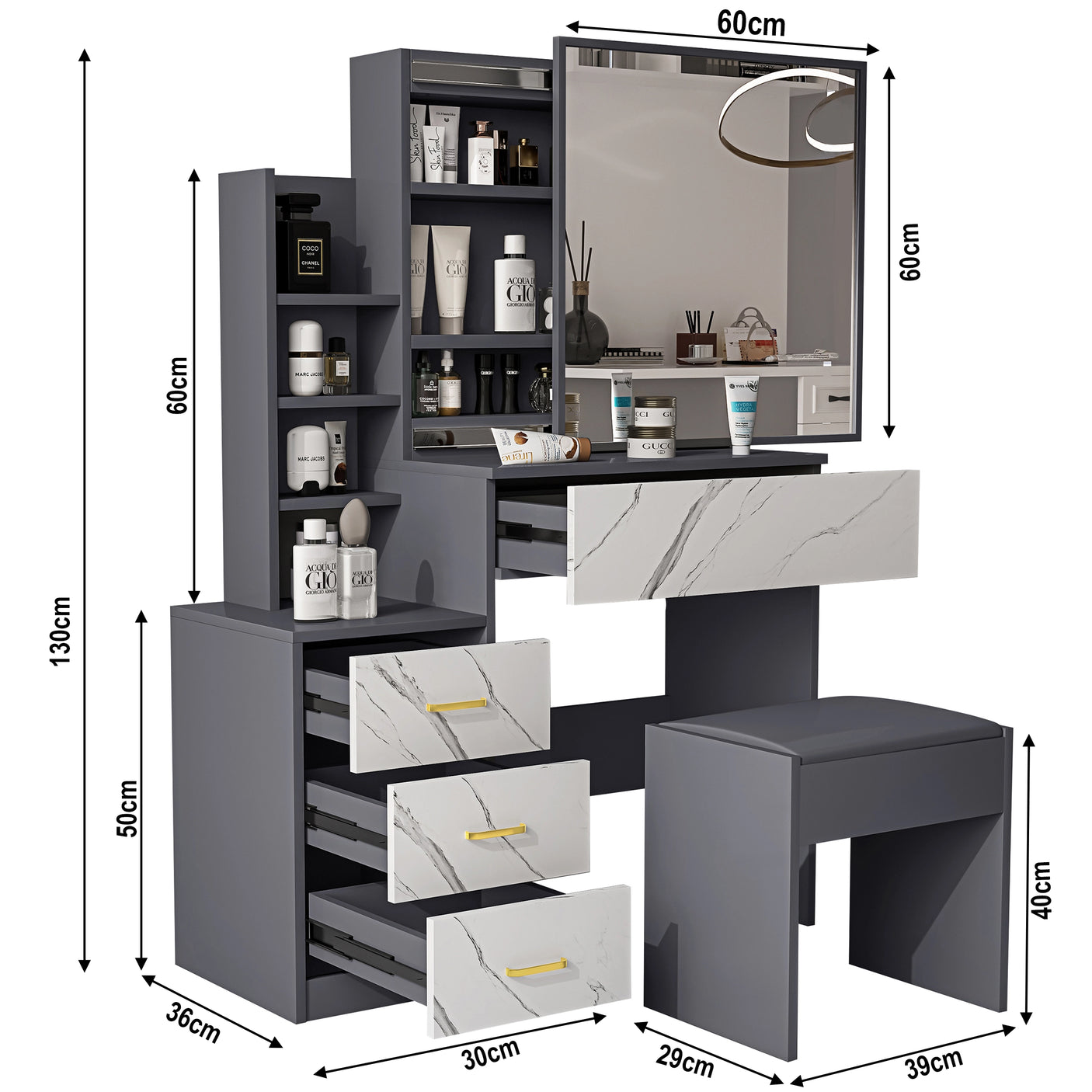Dressing Table with Storage, Drawers and Mirror - Vanity Makeup Table