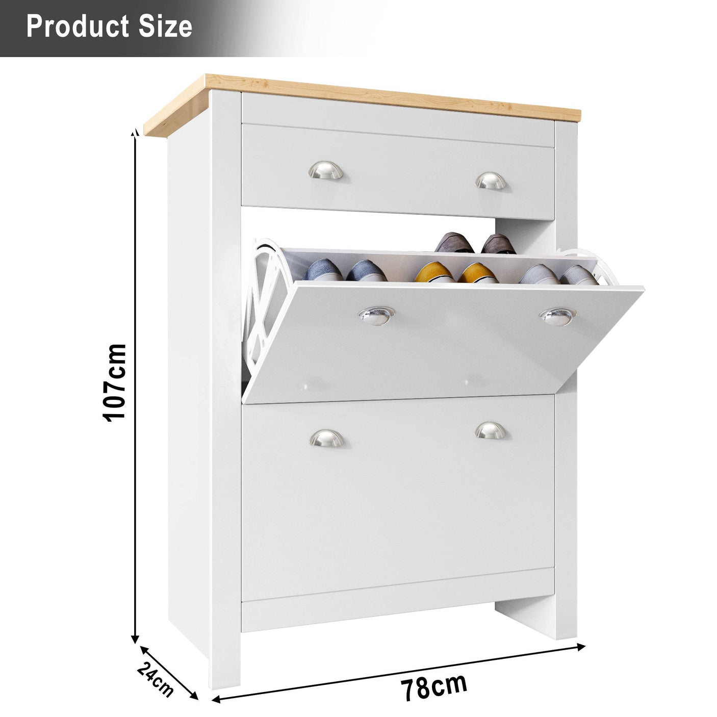 Product dimensions of Blisswood Entryway Shoe Cabinet in white: 107cm height, 78cm width, and 24cm depth.