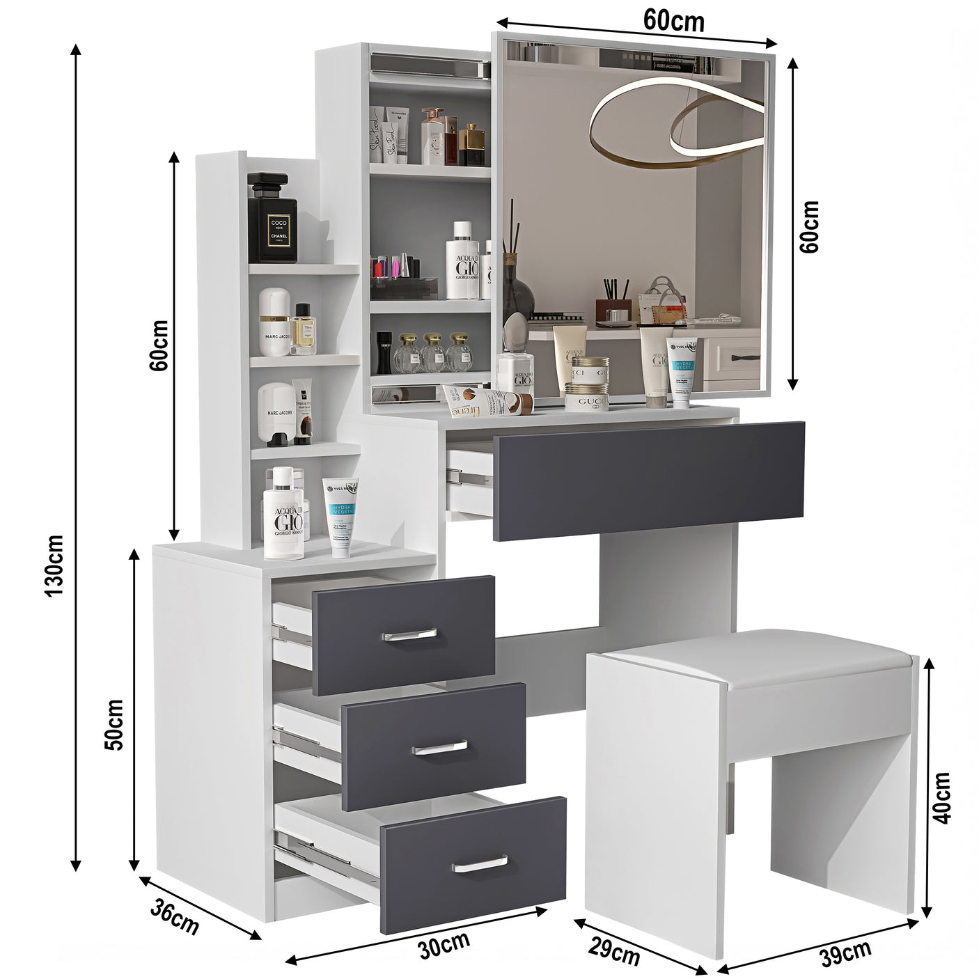 White and grey dressing table with labeled dimensions. Includes mirror, drawers, shelves, and stool for compact bedroom storage.