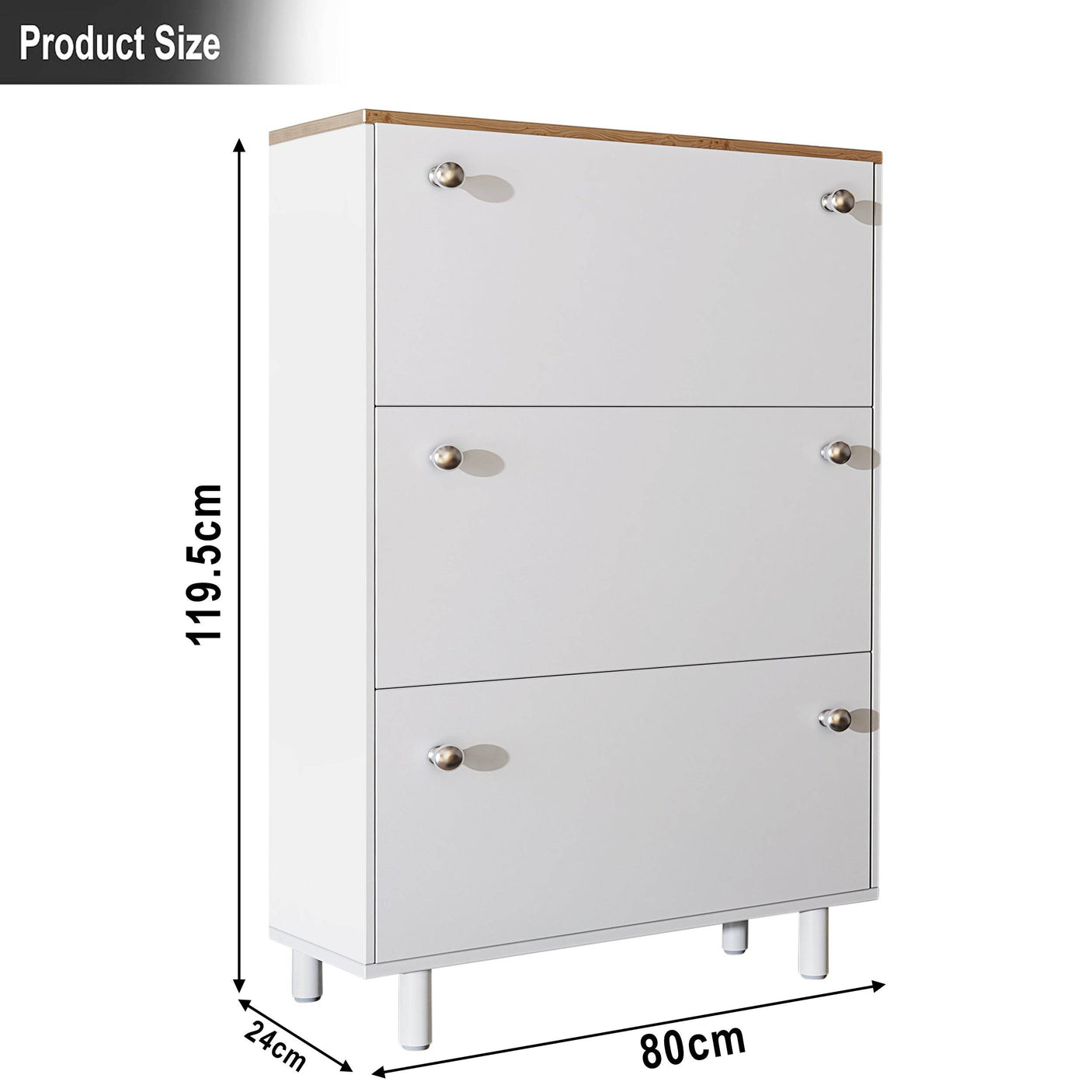 Product dimensions of Blisswood Shoe Cabinet Hallway in white: 119.5cm height, 80cm width, 24cm depth. Ideal for narrow hallway spaces.