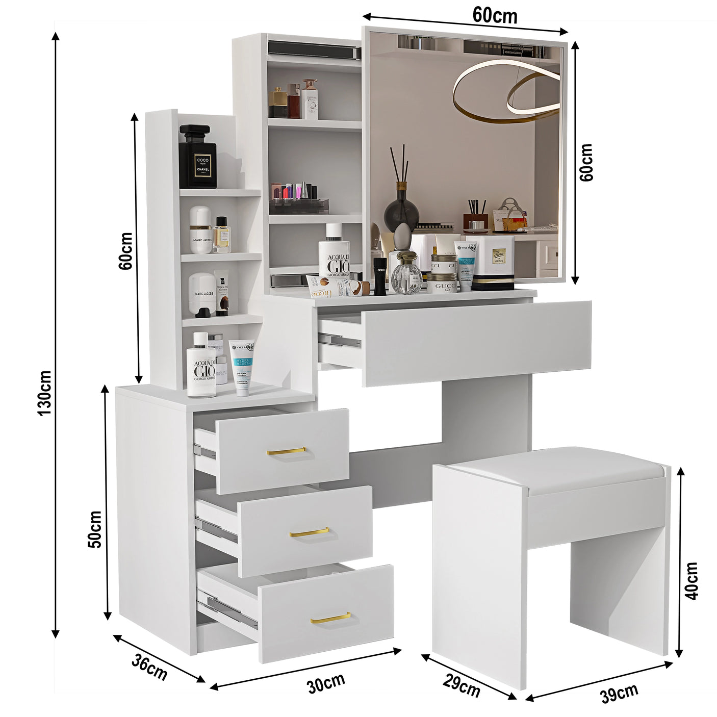 White dressing table with labeled dimensions. Features mirror, drawers, shelves, and stool for compact bedroom makeup storage.