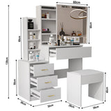 White dressing table with labeled dimensions. Features mirror, drawers, shelves, and stool for compact bedroom makeup storage.