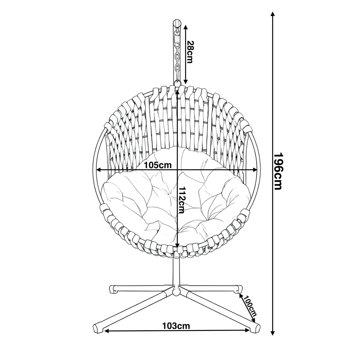 Round Garden Hanging Egg Chair technical diagram showing dimensions of 196cm height and 105cm width, ideal for product sizing reference.
