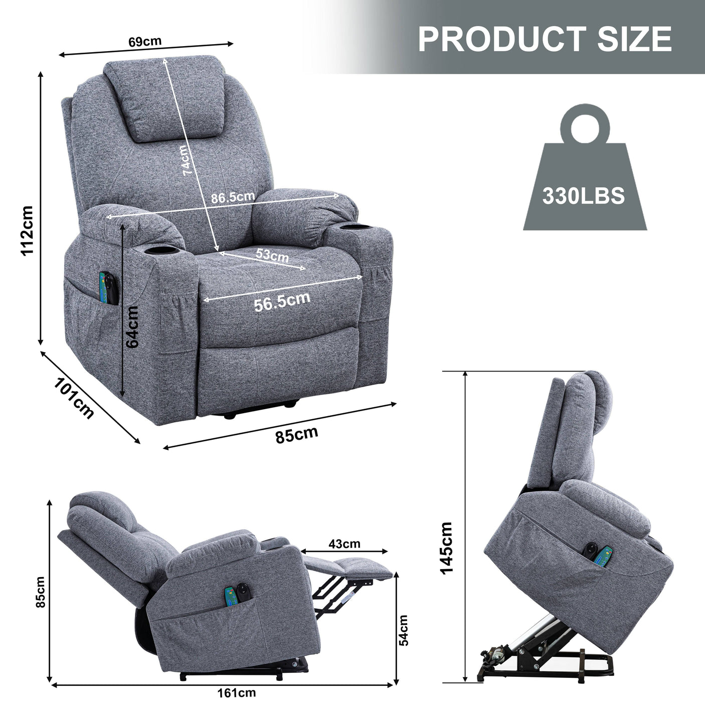 Grey riser recliner chair dimensions with 330 lbs weight capacity, showing seat width, height, and full recline measurements.
