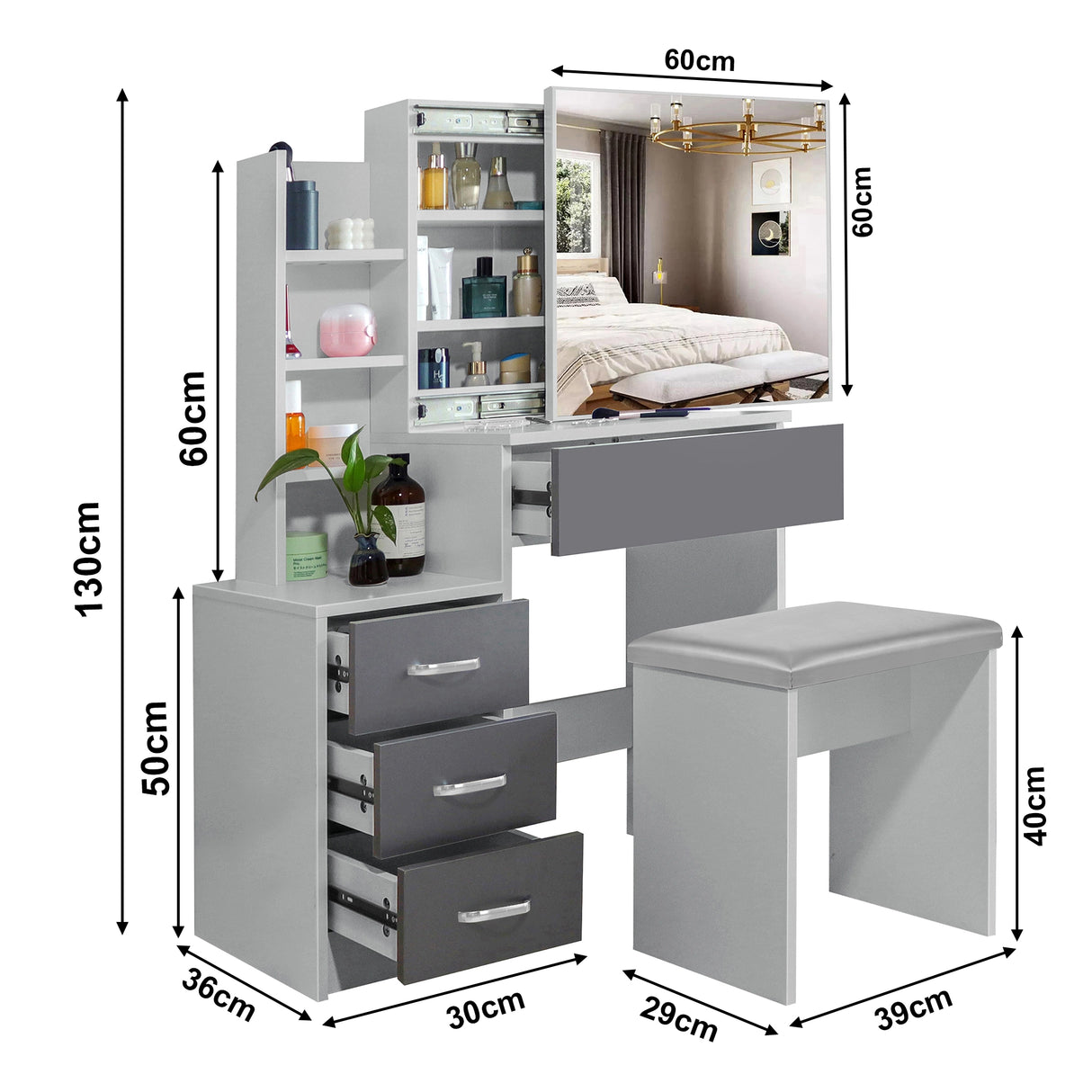 Dressing Table with Storage, Drawers and Mirror - Vanity Makeup Table