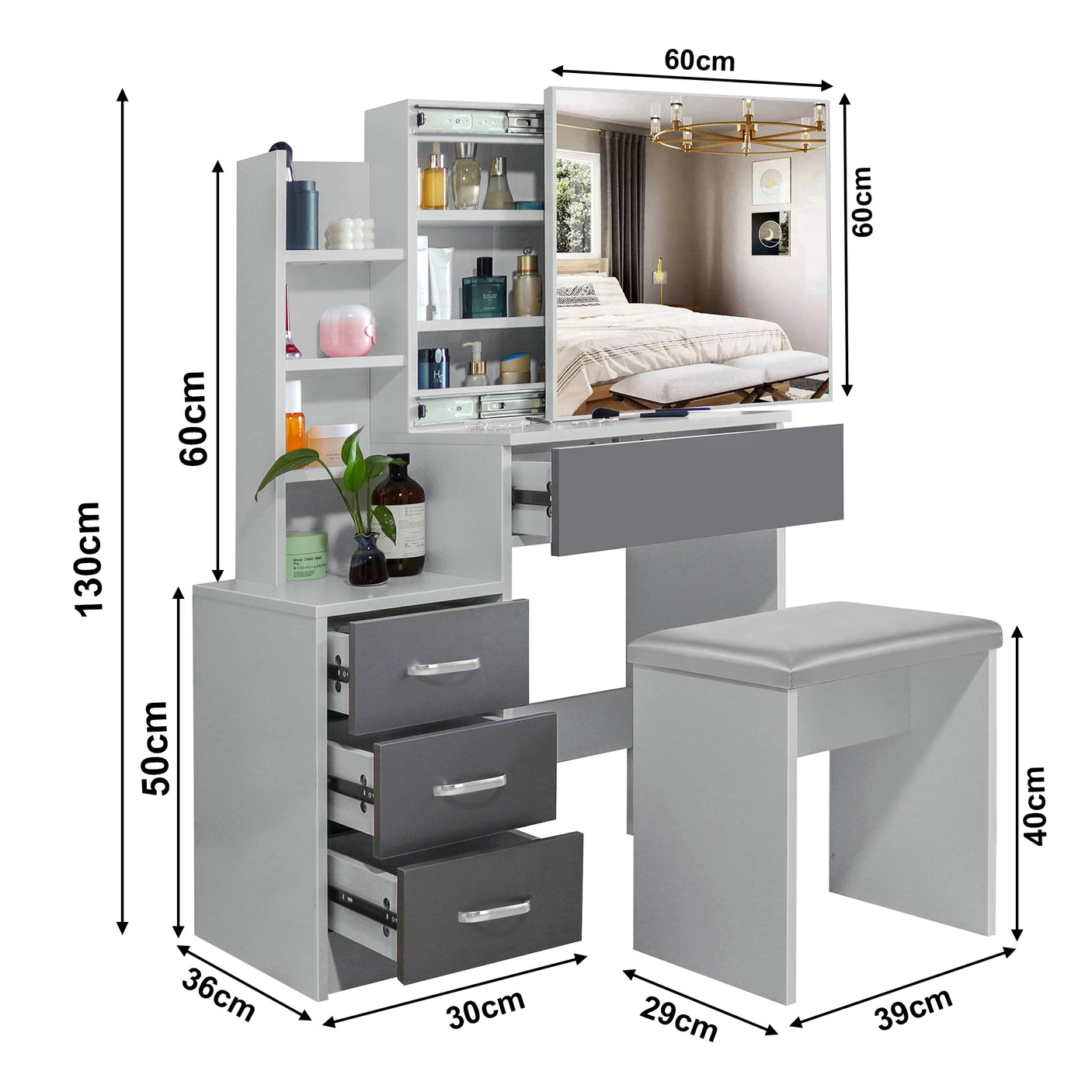 Dressing Table with Storage, Drawers and Mirror - Vanity Makeup Table