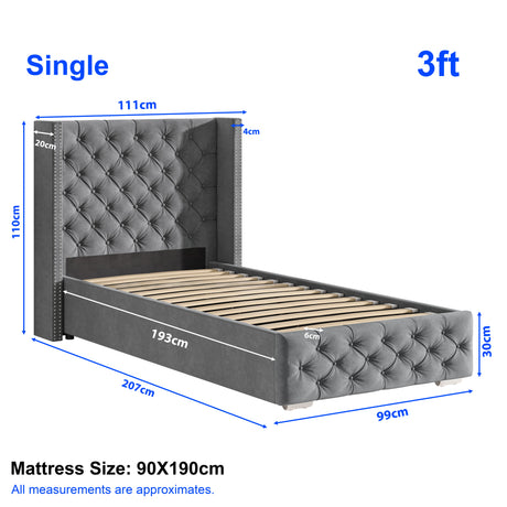 Single 3ft Cross Pattern Velvet Ottoman Storage Bed with winged headboard in grey, featuring lift-up slatted base and tufted design. Mattress size 90x190cm.