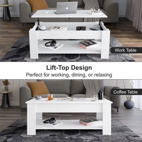 Lift Top Storage Coffee Table in white with 120cm wide surface, shown in raised position for work and lowered for casual use in a modern living room.