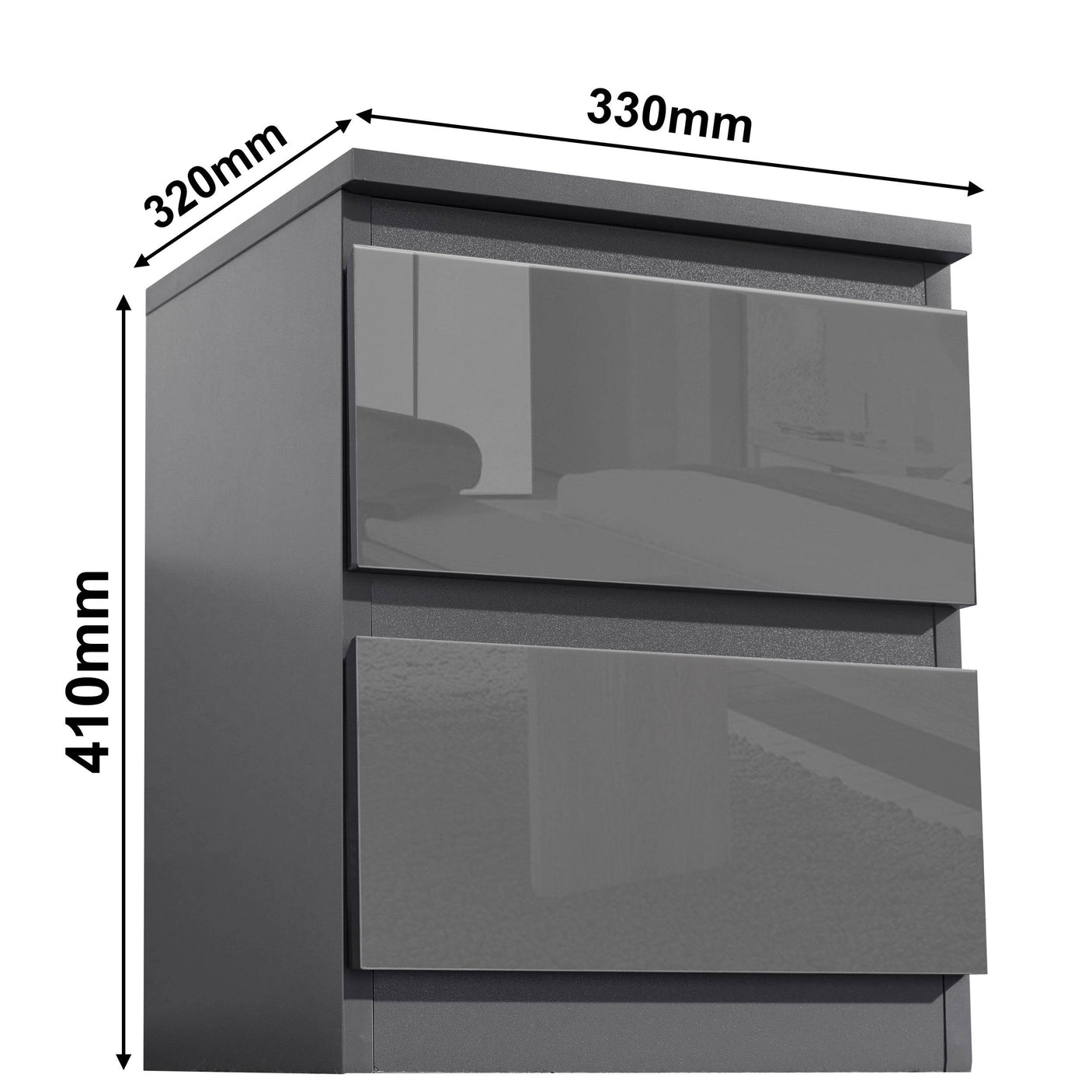 Dimensions of Blisswood Dark Grey Chest of Drawers - High Gloss Drawers 2-drawer unit: 410mm height, 330mm width, 320mm depth.