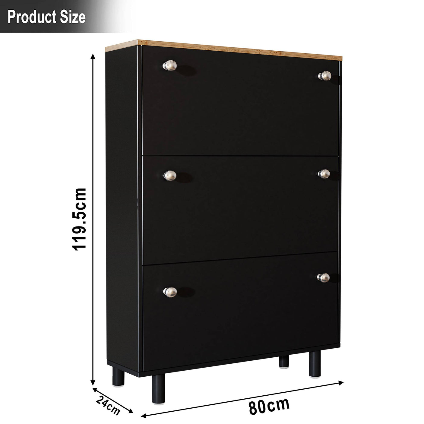 Product dimensions of Blisswood Shoe Cabinet Hallway in black: 119.5cm height, 80cm width, 24cm depth. Slim design for narrow spaces.