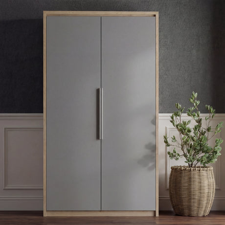 [Oak+Grey] Skova wardrobe with oak side panels and matt grey doors shut, long bar handle centred on the front