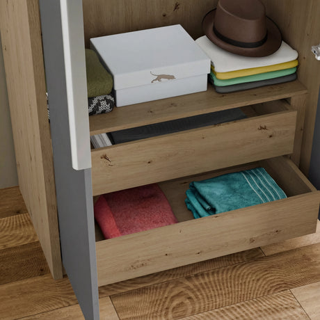 [Oak+Grey] Detail of Skova wardrobe oak shelf with hat and box plus two pulled out drawers full of folded towels