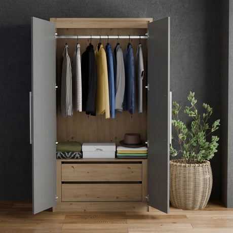 [Oak+Grey] Both grey doors open on Skova wardrobe showing rail of colour shirts, folded items on shelf and lower drawer