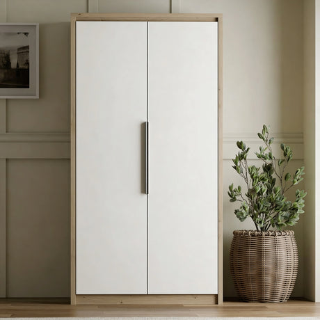 [Oak+White] Front view of Skova 2 door wardrobe with white doors and oak side panels in plain bedroom corner
