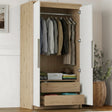 [Oak+White] Oak Skova wardrobe with white doors open showing hanging rail of shirts and two internal oak drawers below
