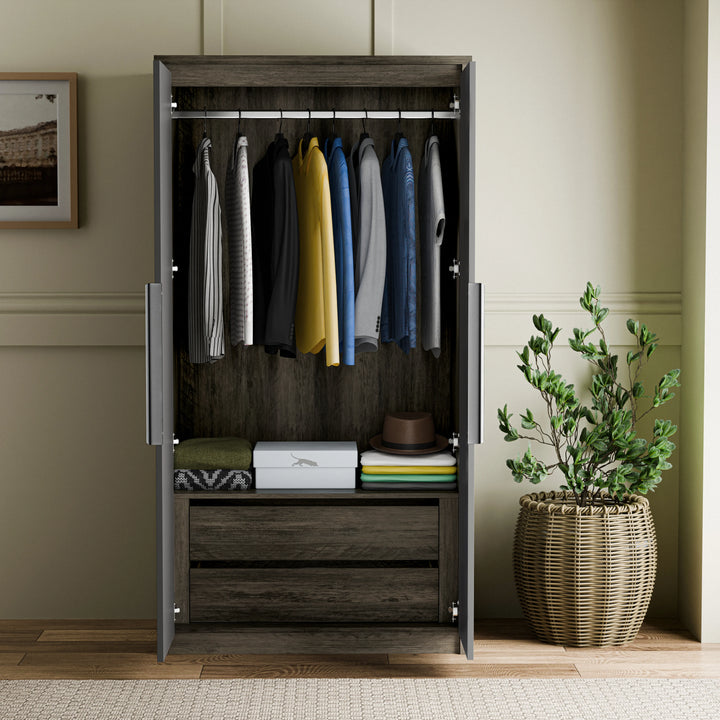 [Wooden Grey+Grey] Skova 3 Piece Bedroom Furniture Set wardrobe open to show hanging clothes, shelves, and drawers in dark wood finish
